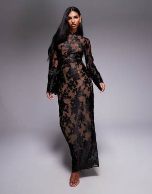Tfnc Long Sleeve Flared Floral Lace Maxi Dress Black In Multi