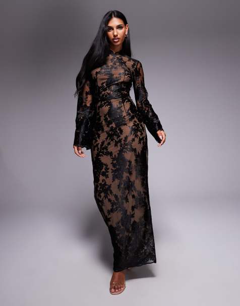 TFNC long sleeve flared floral lace maxi dress black