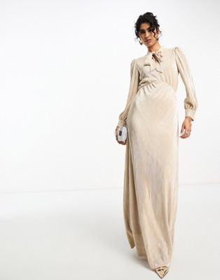 TFNC pleated metallic maxi dress with neck tie in gold