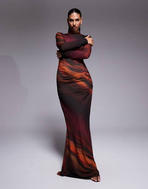 TFNC long sleeve maxi dress in printed mesh - view 1