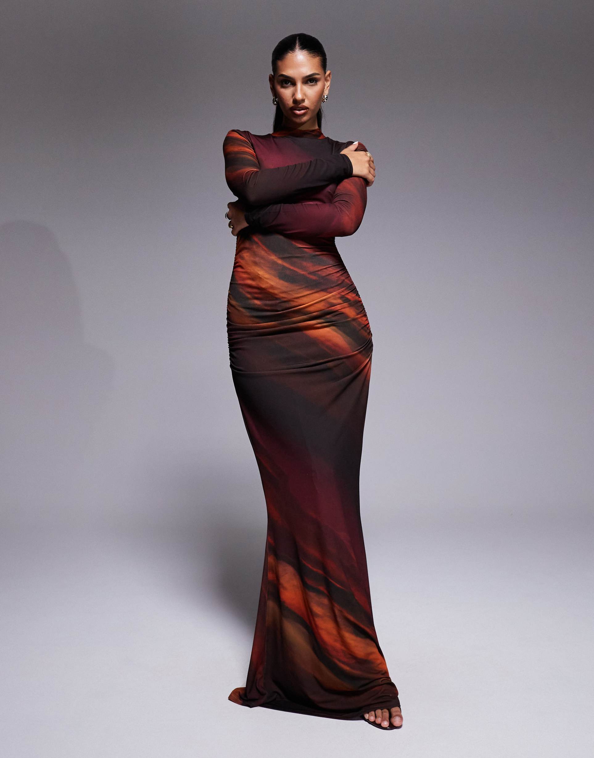 tfnc long sleeve maxi dress in printed mesh