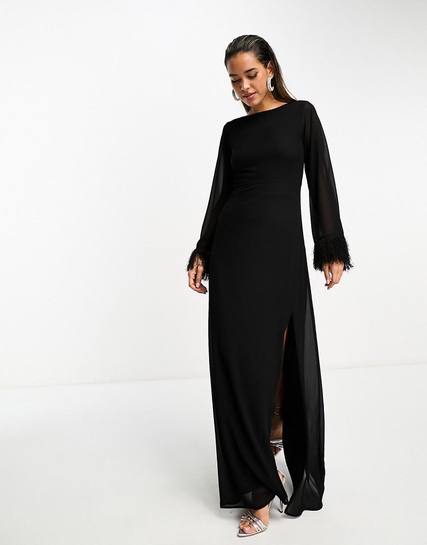 tfnc long sleeve maxi dress with faux feather cuffs in black-blue