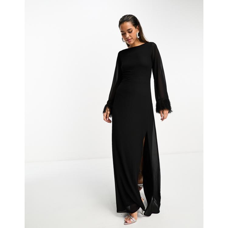 Betty | Black High Neck Long Sleeve Maxi Dress with Feather Cuffs