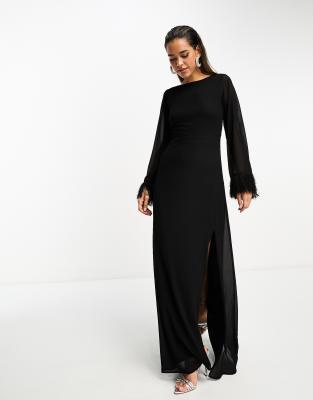 tfnc long sleeve maxi dress with faux feather cuffs in black