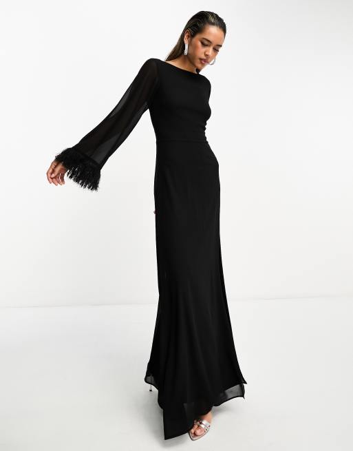 Tfnc long sleeve maxi dress with faux feather cuffs in black, 3 of 4
