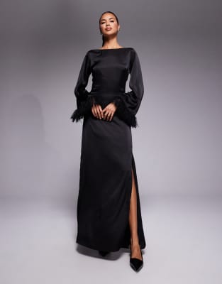 TFNC TFNC long sleeve maxi dress with faux feather cuffs in black