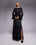 [TFNC] TFNC long sleeve maxi dress with faux feather cuffs in black 10 BLACK