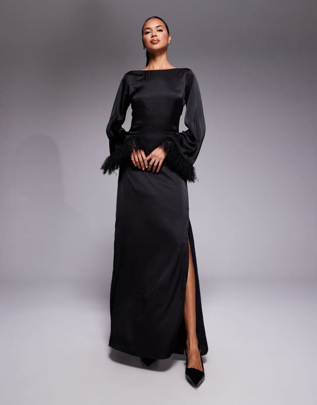 black long sleeve dress with feathers Tfnc maxi faux feather cuffs in motelrocks Bodycon Dress Black Lace Color:Noir Green shoulder cocktail dress with