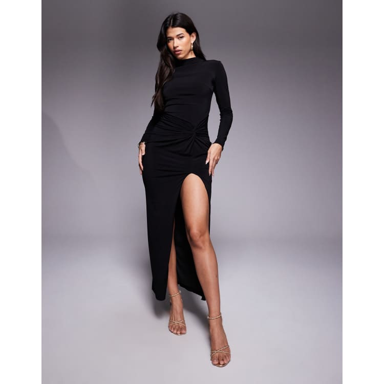 long sleeve thigh split maxi dress TFNC long sleeve maxi dress with thigh split in black