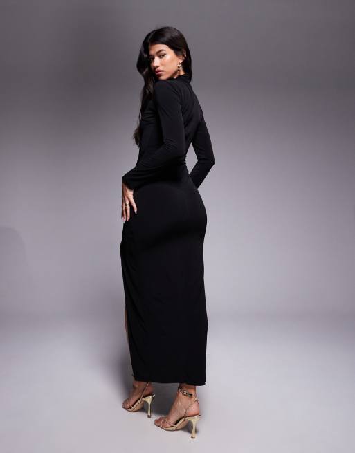 TFNC long sleeve maxi dress with thigh split in black, 4 of 4
