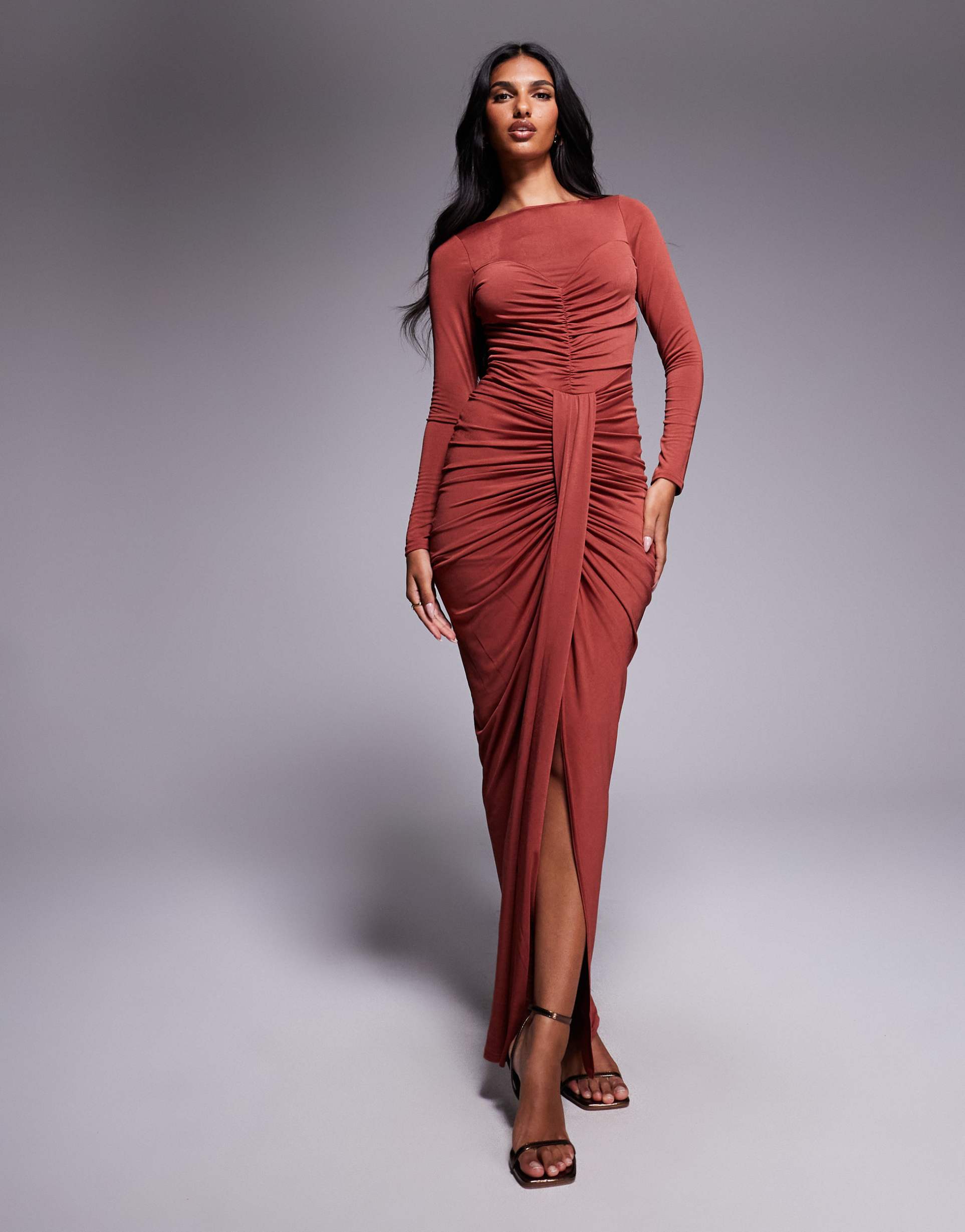 tfnc long sleeve ruched split maxi dress in deep rust