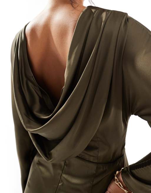 TFNC long sleeve satin cowl back maxi dress in olive