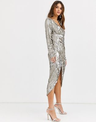silver glitter long sleeve dress