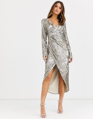 missguided sequin wrap front midi dress