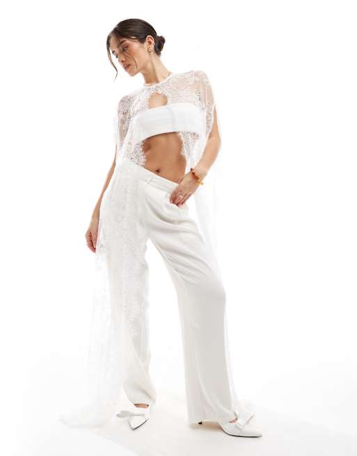 TFNC - Mantella lunga da sposa in pizzo bianco con dettaglio smerlato