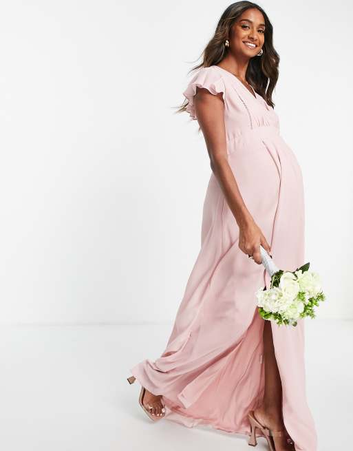 TFNC Maternity Bridesmaid Ariana flutter sleeve v neck dress in dusty pink ASOS