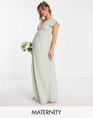 Tfnc Maternity Bridesmaid Ariana Flutter Sleeve V Neck Dress In Sage Green