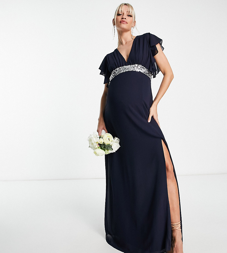 Bridesmaid chiffon maxi dress with flutter sleeve and embellished waist in navy