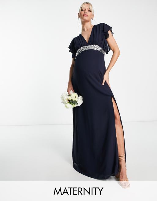 TFNC Maternity Bridesmaid chiffon maxi dress with flutter sleeve