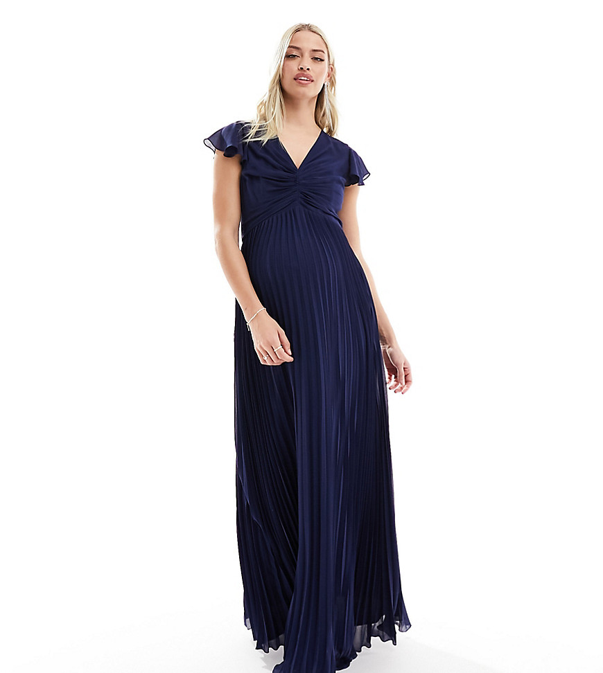 Bridesmaid chiffon maxi dress with flutter sleeve and pleated skirt in navy-Blue