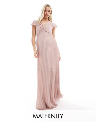 Tfnc Maternity Bridesmaid Chiffon Maxi Dress With Flutter Sleeve And Pleated Skirt In Soft Pink