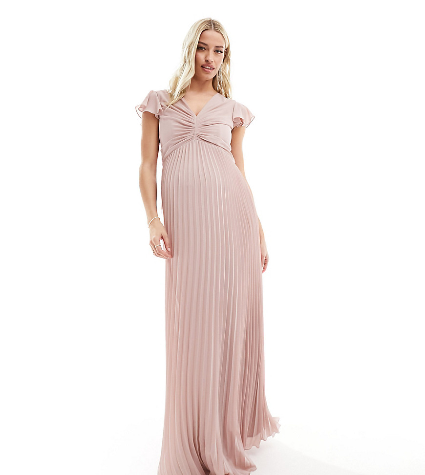 Bridesmaid chiffon maxi dress with flutter sleeve and pleated skirt in soft pink