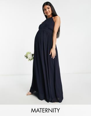 Bridesmaid chiffon maxi dress with pleated front in navy