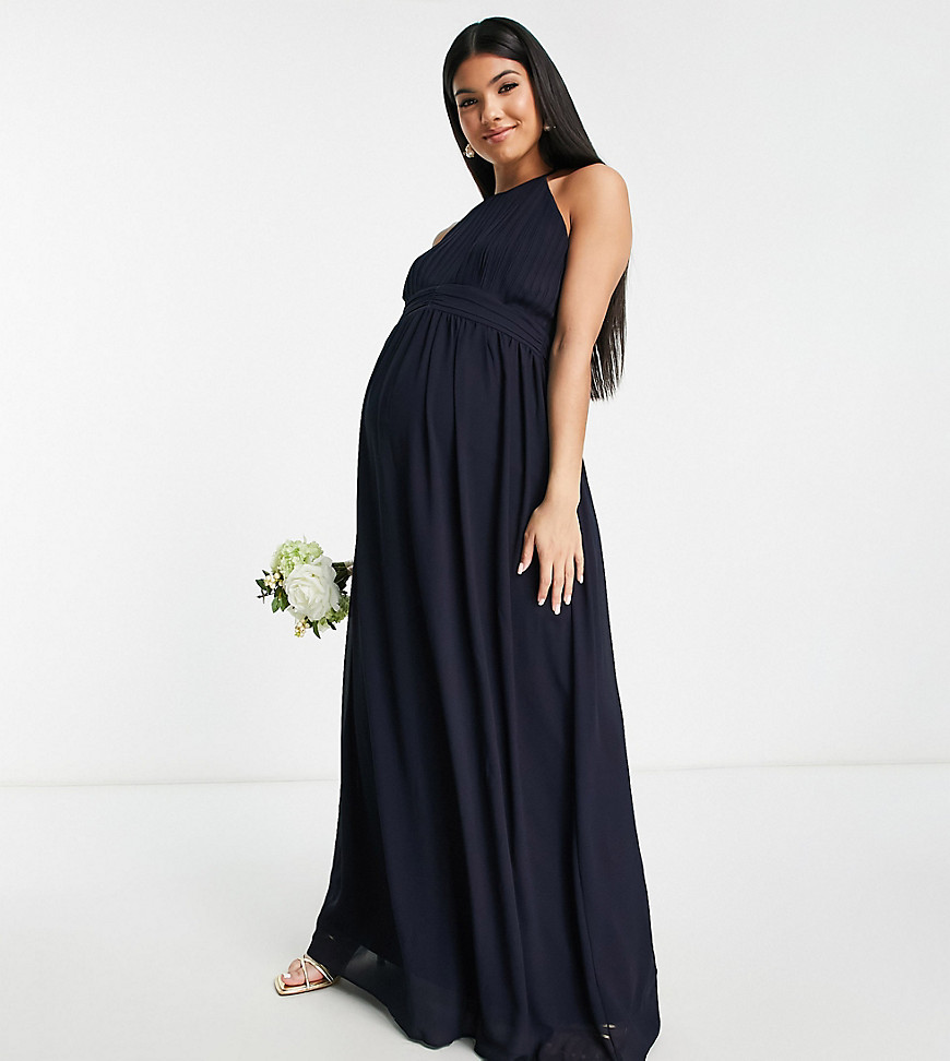 TFNC Maternity Bridesmaid chiffon maxi dress with pleated front in navy