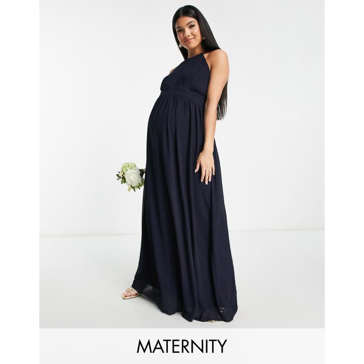 TFNC Maternity Bridesmaid chiffon maxi dress with pleated front in navy