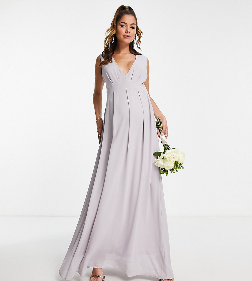 Bridesmaid chiffon v front maxi dress with pleated skirt in gray