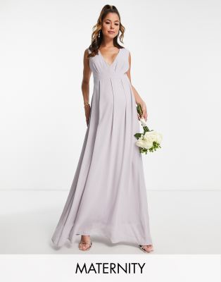 TFNC Maternity TFNC Maternity Bridesmaid chiffon v front maxi dress with pleated skirt in grey