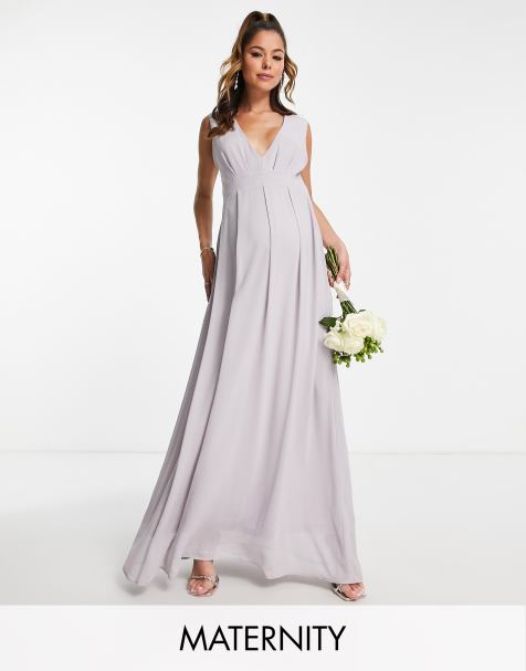 TFNC Maternity Bridesmaid chiffon v front maxi dress with pleated skirt in grey - view 1