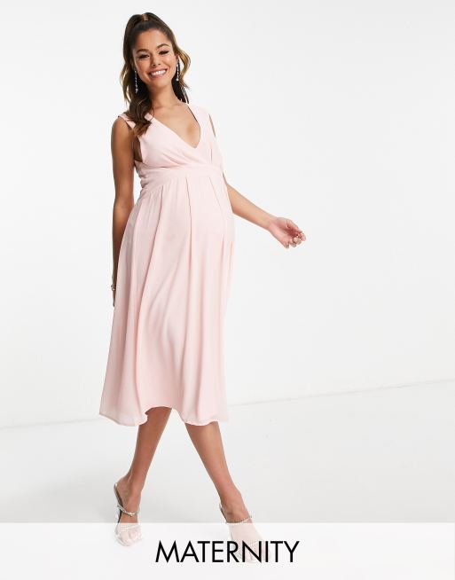 TFNC Maternity Bridesmaid chiffon v front midi dress with pleated skirt in  whisper pink