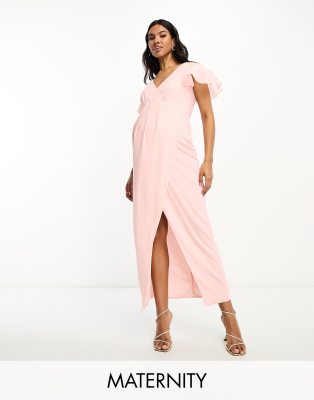 Bridesmaid chiffon wrap front maxi dress with flutter sleeve in whisper pink