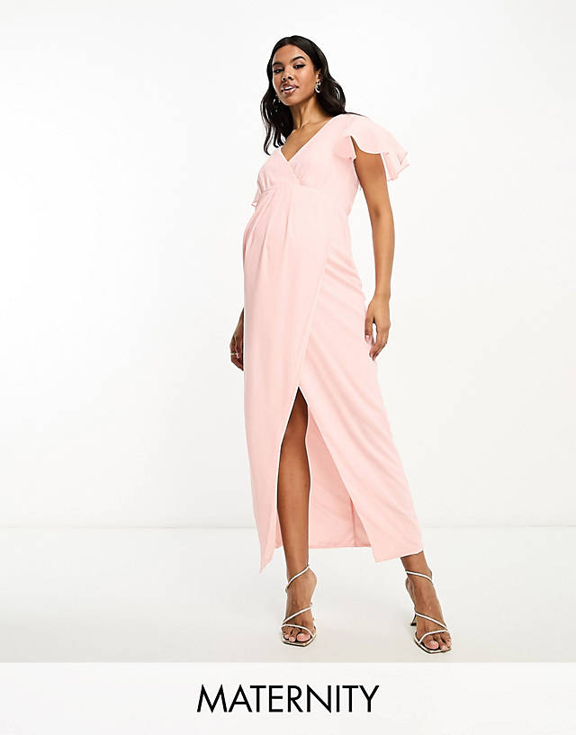 TFNC Maternity - bridesmaid chiffon wrap front maxi dress with flutter sleeve in whisper pink