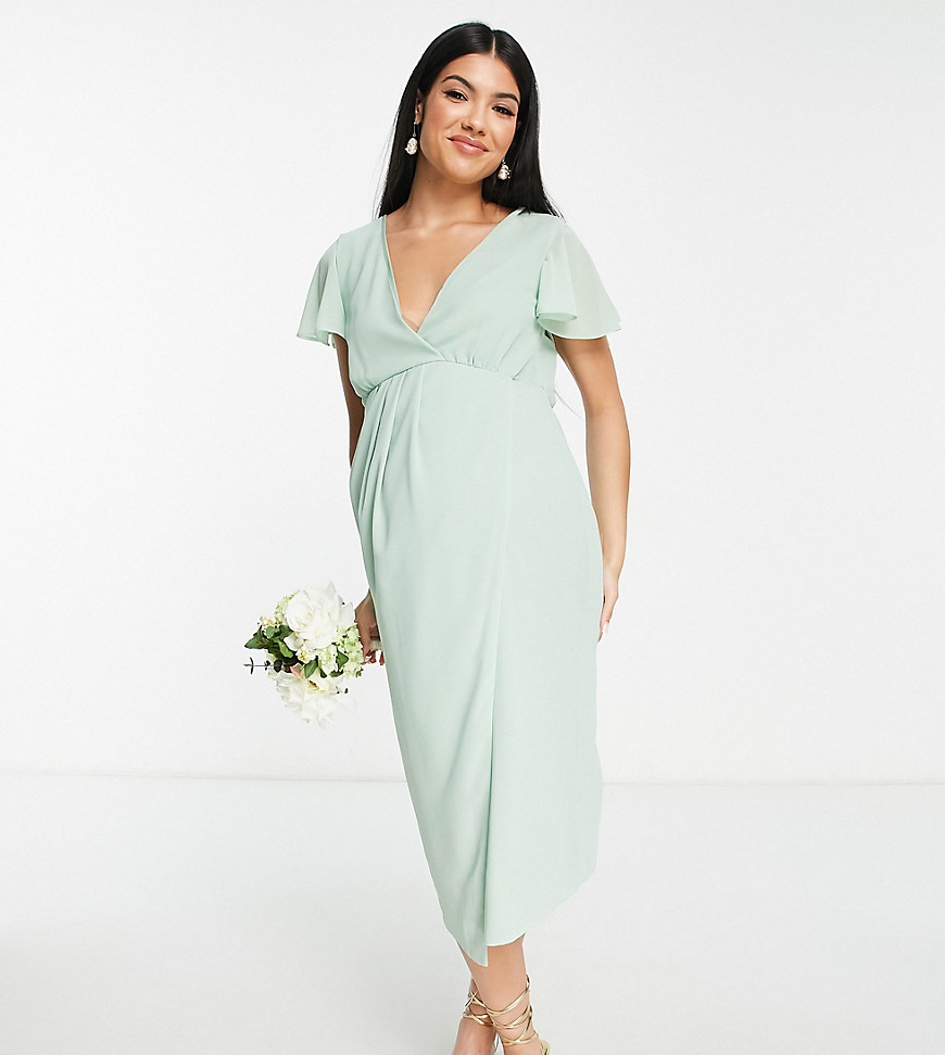 TFNC Maternity Bridesmaid chiffon wrap front midi dress with flutter sleeve in fresh sage-Green