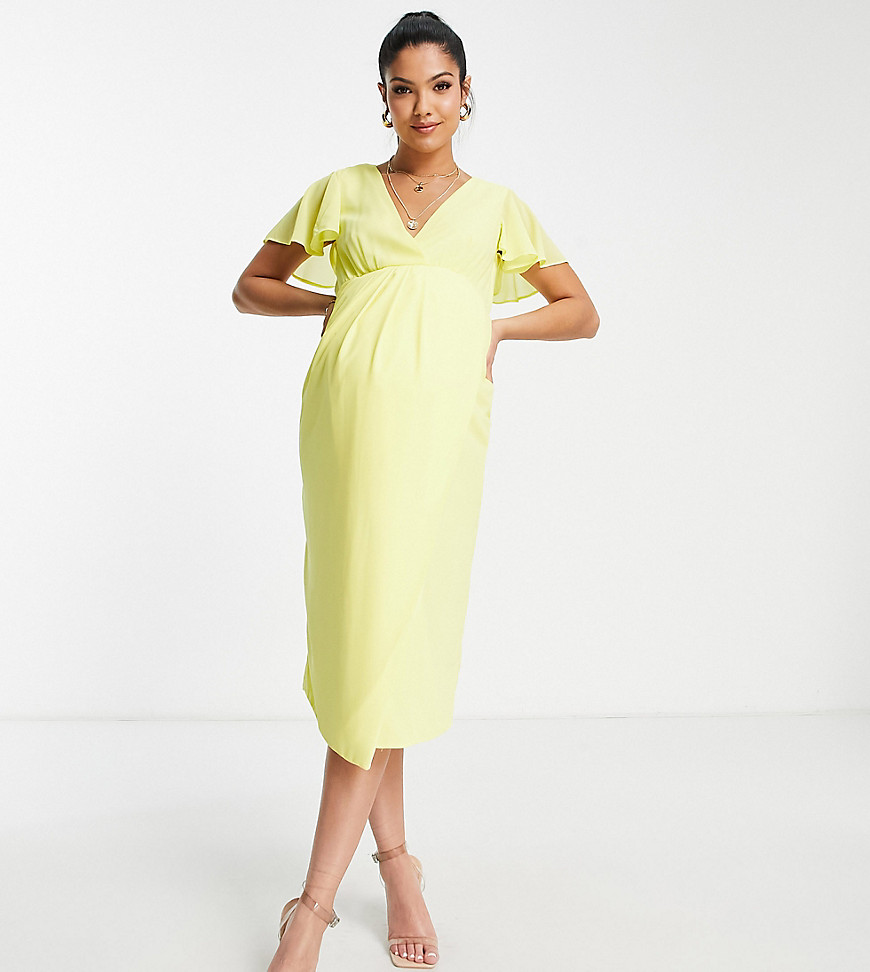TFNC Maternity Bridesmaid chiffon wrap front midi dress with flutter sleeves in lemon yellow