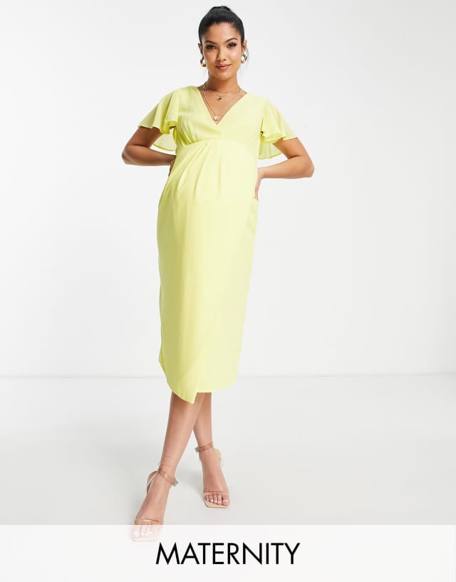 TFNC Maternity Bridesmaid chiffon wrap front midi dress with flutter sleeves in lemon yellow