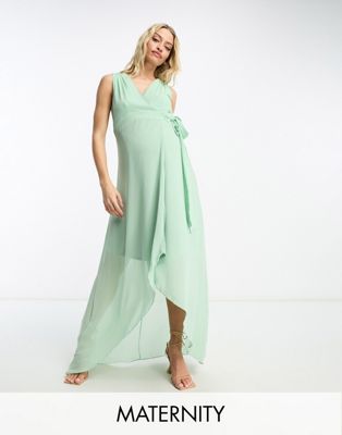 Tfnc Maternity Bridesmaid Chiffon Wrap Maxi Dress In Sage Green-brown