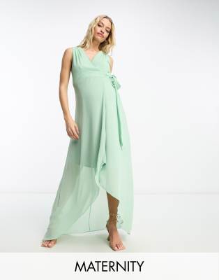 TFNC Maternity Bridesmaid chiffon wrap maxi dress in sage green-Brown