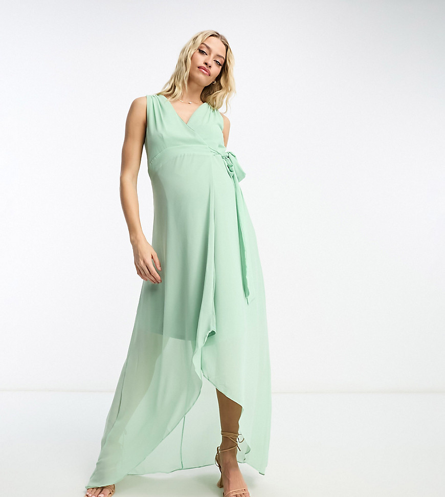 TFNC Maternity Bridesmaid chiffon wrap maxi dress in sage green-Brown