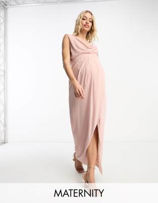 Bridesmaid chiffon wrap maxi dress with cowl neck front and back in mauve-Pink