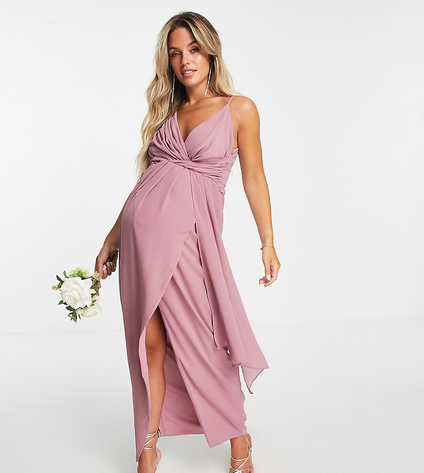 TFNC Maternity Bridesmaid chiffon wrap maxi dress with hi low hem in lavender-Purple