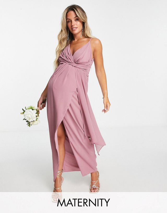 TFNC Maternity Bridesmaid chiffon wrap maxi dress with hi/low hem in lavender
