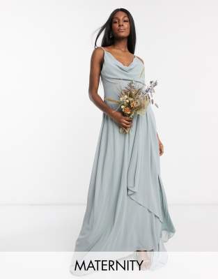 фото Tfnc maternity bridesmaid cowl neck cami strap maxi dress with train in sage-зеленый