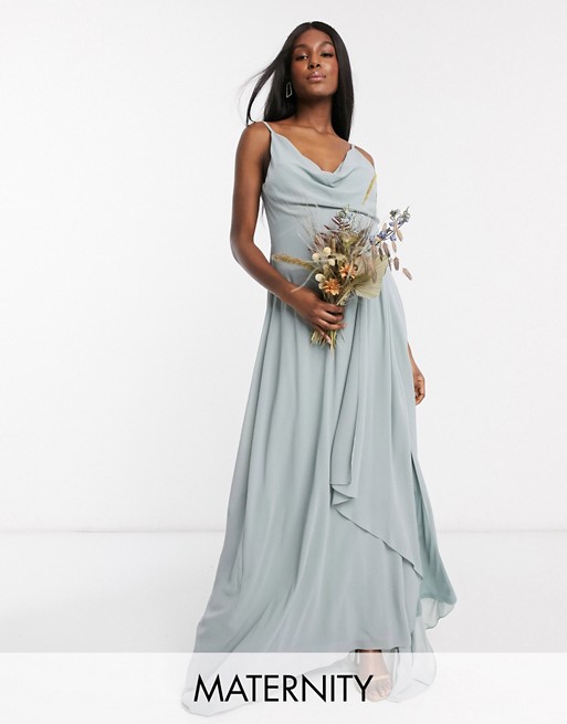 TFNC Maternity bridesmaid cowl neck cami strap maxi dress with train in sage
