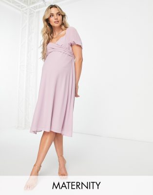 TFNC Maternity Bridesmaid cross front midi dress in pink