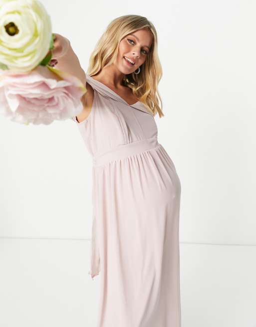 TFNC Maternity bridesmaid drape shoulder asymmetric maxi dress in mink, 4 of 4