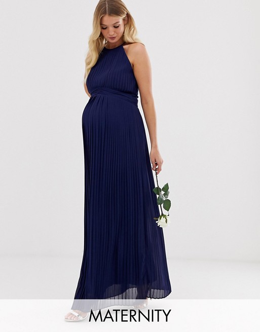 TFNC Maternity bridesmaid exclusive high neck pleated maxi dress in navy