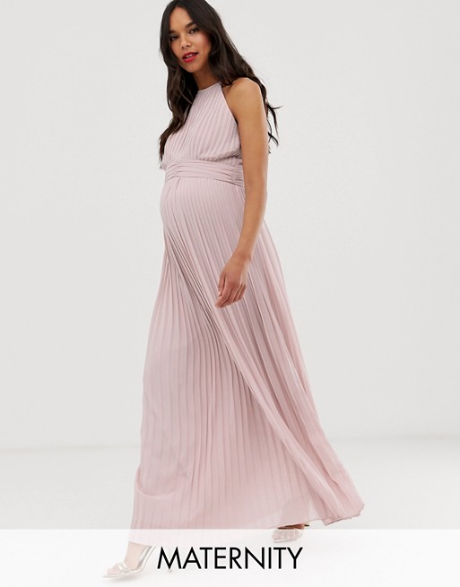 TFNC Maternity bridesmaid exclusive high neck pleated maxi dress in taupe